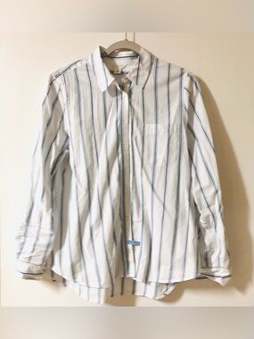 Caslon White, Blue, & Green Stripe Poplin Cotton Button Down Blouse - Size M